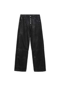 Pantalon noir taille haute à jambes droites avec grandes poches plaquées devant et quatre boutons argentés visibles sur la braguette.