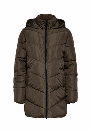 Manteau d'hiver matelassé marron avec capuche, manches longues et fermeture éclair à l'avant. Motif de couture chevrons matelassé sur le tissu.