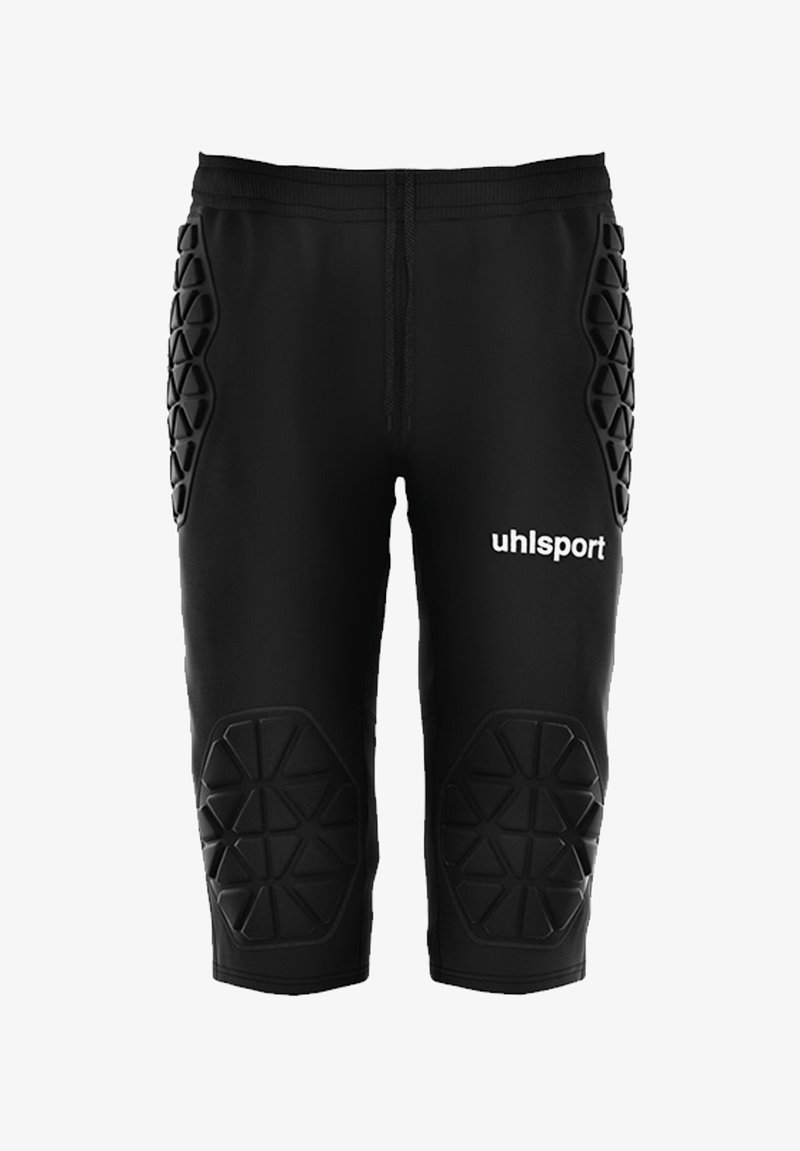 Pantalones cortos acolchados negros con una zona texturizada en las rodillas y paneles laterales. Cuenta con una cinturilla elástica y el logo "uhlsport" en blanco en la parte frontal.
