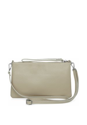 Beige Leder Umhängetasche mit strukturiertem Oberflächen, Reißverschluss und verstellbarem Riemen. Verfügt über Hardware in Silberfarbe und minimalistisches Design.