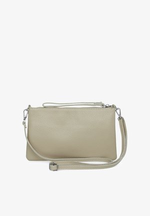 Beige Leder Umhängetasche mit strukturiertem Oberflächen, Reißverschluss und verstellbarem Riemen. Verfügt über Hardware in Silberfarbe und minimalistisches Design.