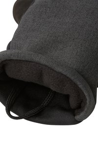 Gant noir en tissu texturé avec une doublure intérieure douce. A une forme arrondie et une sangle élastique pour le maintenir en place. Pas d'accents visibles.