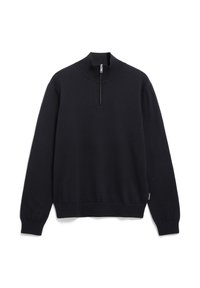 Zwarte pullover sweatshirt met hoge kraag en een kwart rits. Gemaakt van zacht materiaal, met ribbenboorden en -zoom. Eenvoudig en tijdloos ontwerp.