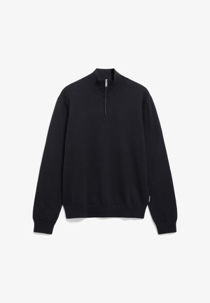 Zwarte pullover sweatshirt met hoge kraag en een kwart rits. Gemaakt van zacht materiaal, met ribbenboorden en -zoom. Eenvoudig en tijdloos ontwerp.