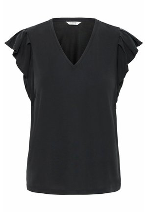 Schwarzes V-Ausschnitt-Oberteil mit kurzen, rüschierten Ärmeln, glattem Stoff und lässiger Passform. Der Saum ist gerade mit minimalen Nähdetails.