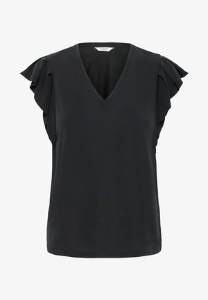 Juodas V-kaklo marškinėliai su trumpomis nėrinių rankovėmis, lygi medžiaga ir laisvas kirpimas. Apatinė dalis tiesi su minimaliomis siuvimo detalėmis.