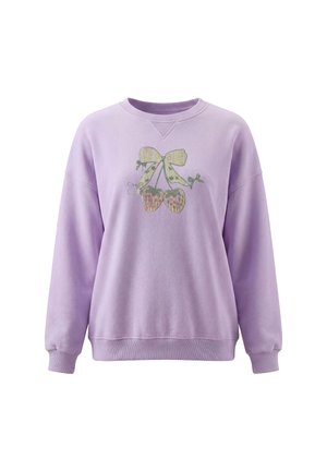 Lilla sweatshirt med lange ærmer med ribkanter ved ærmer og kant, med en broderet sløjfe og to hængende kirsebær foran.