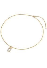 Zelta ķēdes kaklarota ar faktūrētu dizainu, kurai ir caurspīdīgs taisnstūra piekare, rotāta ar mazām kristāliem. Regulējams garums.