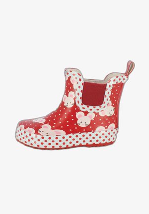Botte de pluie en caoutchouc rouge pour la cheville avec des pois blancs et des graphiques de souris rose. Panneaux latéraux élastiques et une boucle pour un enfilage facile.