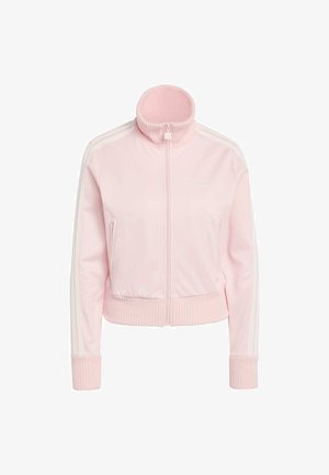 Giacca rosa con cerniera e colletto alto a coste, dettagli a strisce bianche sulle maniche, polsini e orlo a coste. Realizzata in tessuto liscio e leggero.