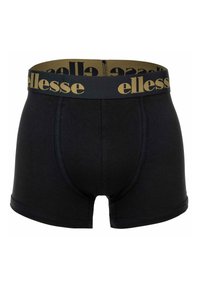 Boxers noirs pour hommes avec une large ceinture présentant un logo doré « ellesse », affichés sur un fond blanc.