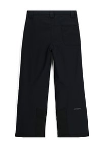 Zwarte rechte broek met achterzak, riemlussen, versterkte onderbenen en een klein "Spyder"-logo nabij de zoom.