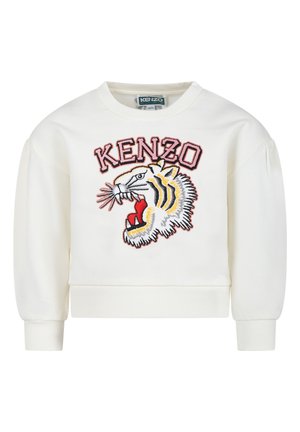 Sweatshirt blanc avec un grand graphique de tête de tigre brodé, offrant des détails colorés, des poignets côtelés et un ourlet droit.