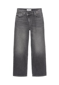 Jeans in denim grigio a gamba larga con vita media, cinque tasche, sbiaditure sottili e dettagli di cucitura classica.
