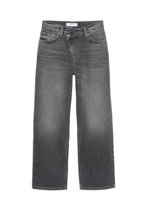 Jeans en denim gris à jambes larges avec une taille mi-haute, cinq poches, un léger délavage et des détails de couture classiques.