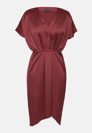 Burgundy satin dress with a V-neck, short sleeves, and a gathered waist. Smooth texture and knee-length design with a wrap closure.