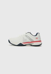 White athletic shoe with grey and red accents, textured mesh upper, flexible sole, and distinct side panel design. Features lace closure.