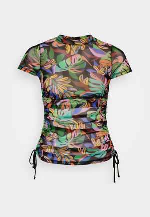 Kurzärmliges, schwarzes Mesh-Top mit lebhaften, tropischen Blättermustern in Grün, Orange und Pink; mit verstellbarem seitlichem Raffung und Bändern.