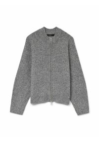 Cardigan gris de punto con cuello redondo, cremallera completa y puños de canalé. Hecho de un material suave con un acabado texturizado.
