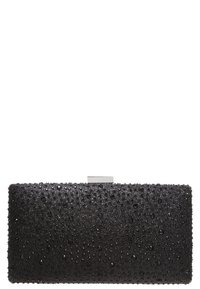 Černá obdélníková kabelka vyrobená z texturovaného materiálu, zdobená malými černými kamínky, s elegantním kovovým uzávěrem nahoře.