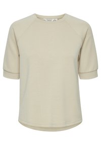 Lys beige kortærmet top med rund hals og raglanærmer. Har en glat tekstur og en rundet kant forneden.