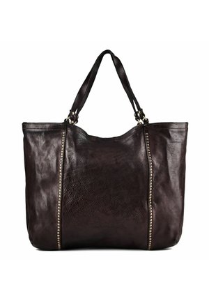 Dunkelbraune Ledertasche mit zwei Henkeln und vertikalen Reihen kleiner silberner Nieten an jeder Seite.