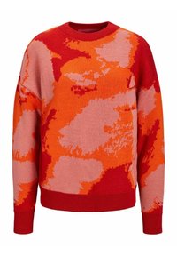 Knit sweater in shades of red, orange, and pink; features abstract pattern, round neckline, and ribbed cuffs and hem.