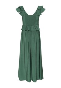 Robe midi verte sans manches avec bretelles à volants, corsage smocké, et détail taille peplum.