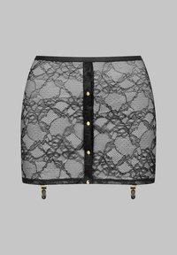 Jupe en dentelle noire avec des motifs floraux, fermeture à boutons sur le devant avec des accents dorés, et une quincaillerie ajustable à l'ourlet.