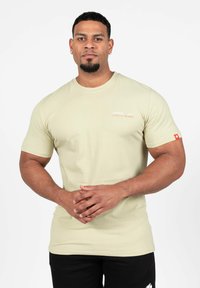 Lichtgroene katoenen T-shirt met ronde hals, korte mouwen en een klein logodetail op de borst. Geen patronen. Eenvoudig ontwerp.