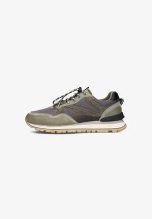 Sport sneakers featuring a mix of olive green, gray, and black materials. Textured panels, round laces, and a contrasting white sole.