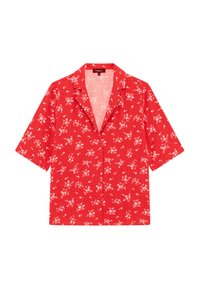 Röd kortärmad skjorta med vitt blommönster, knapplist fram och krage. Tillverkad av lättviktigt tyg, med en lös passform.