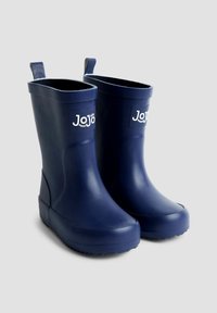 Bottes de pluie en caoutchouc navy avec un orteil arrondi, une semelle plate et une languette à l'arrière. Présente un logo blanc sur le côté extérieur. Texture lisse.