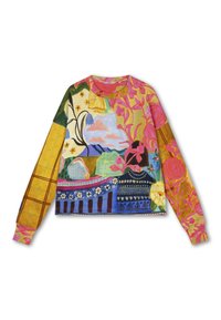 Multicolored longsleeve sweatshirt met een collage van bloem- en geometrische patronen op zachte stof. Ronde halslijn, relaxed fit.