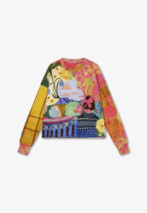 Multicolored longsleeve sweatshirt met een collage van bloem- en geometrische patronen op zachte stof. Ronde halslijn, relaxed fit.