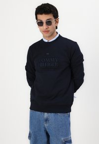Felpa navy con logo "TOMMY HILFIGER" in rilievo, abbinata a una camicia azzurra con colletto e pantaloni cargo di denim. Gli accessori includono occhiali da sole.