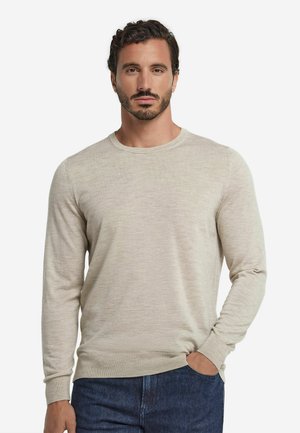 Light beige long-sleeve sweater with a crew neckline and ribbed cuffs. The fabric appears soft and slightly textured, worn with dark jeans.