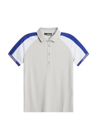 Ljust grå polo t-shirt med korta raglanärmar, blå och vita accenter, treknappsstängning och "J.Lindeberg"-logotyp på ärmen.
