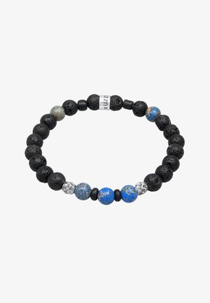 Armband aus Lavastein und blauen Mustern mit silbernen Akzenten. Enthält eine Mischung aus runden, strukturierten schwarzen und bunten Perlen. Dehnbare Passform.