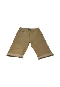 Pantaloni beige a vita alta in tessuto testurizzato, con risvolti e chiusura frontale con bottone. Presentano due tasche anteriori e un piccolo etichetta vicino alla cintura.