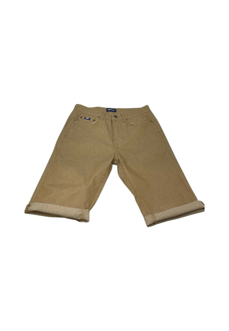 Pantaloni beige a vita alta in tessuto testurizzato, con risvolti e chiusura frontale con bottone. Presentano due tasche anteriori e un piccolo etichetta vicino alla cintura.