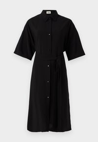 Black shirt dress made of lightweight fabric, featuring a collared neck, short sleeves, front buttons, and a matching fabric belt.