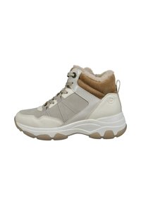 High-top athletic shoes in beige and cream, featuring a textured brown corduroy ankle collar, lace-up front, and a cushioned sole.