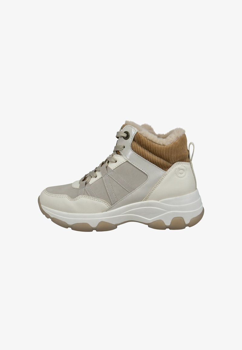 Beige und cremefarbene hochgeschnittene Sportschuhe mit einem strukturierten braunen Cordkragen, Schnürverschluss und einer gepolsterten Sohle.