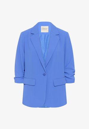 Mėlynas moteriškas švarkas su įpjauta atlapais, vienu mygtuku užsegamas, raukšlėtomis 3/4 rankovėmis ir dviem priekinėmis kišenėmis su sklendėmis, ant vidinės apykaklės žymimas "CREAM".