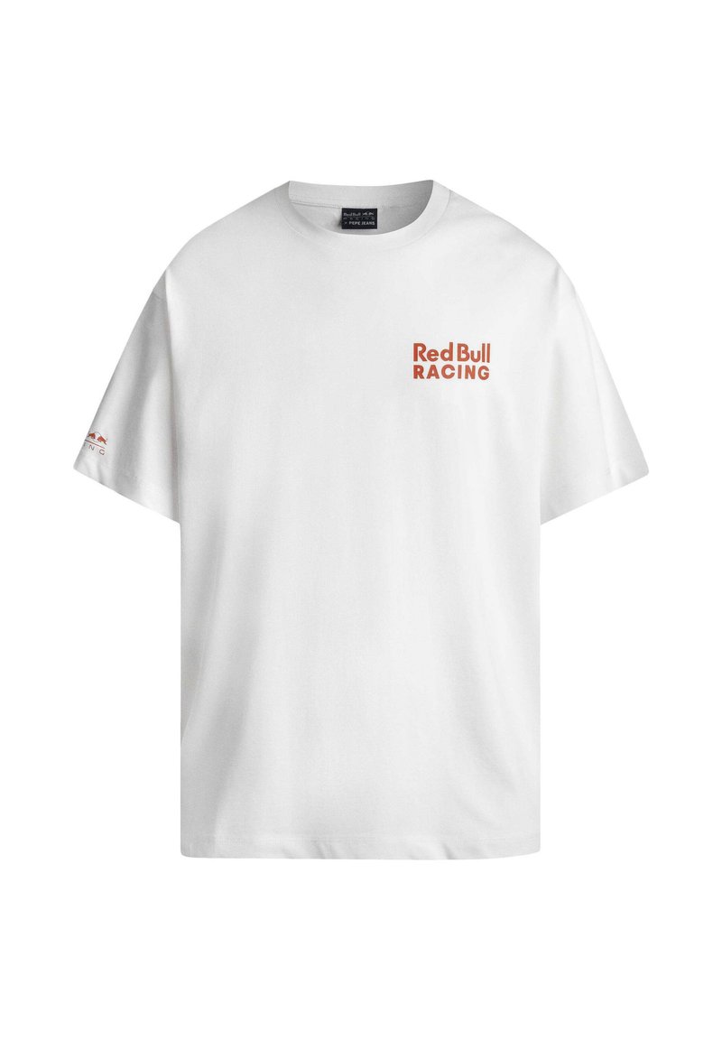 Biała bawełniana koszulka z okrągłym dekoltem, z napisem "Red Bull RACING" w kolorze pomarańczowym z przodu i małym logo na rękawie.