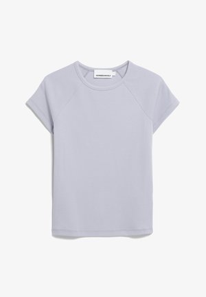 Lichtgrijze T-shirt met korte mouwen, gemaakt van ribstof. Heeft een ronde halslijn en raglanmouwen, met een strak, eenvoudig ontwerp.