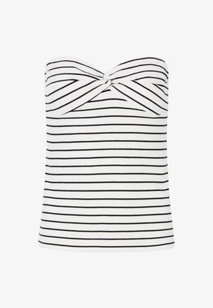 Strapless top in het wit met zwarte horizontale strepen, met een gedraaide voorkant. Gemaakt van zachte, rekbare stof.