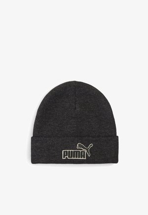 Cappello in pile lavorato a maglia grigio scuro con risvolto e logo nero Puma con scritta al centro davanti.