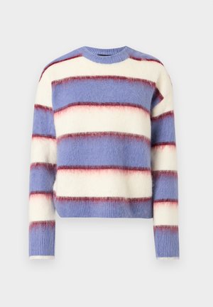 Svītrota džemperis gaiši zilā, krēmkrāsas un sarkanā nokrāsā. Mīksts, pūkains audums ar apaļu kakla izgriezumu un garām piedurknēm. Īss piegriezums.